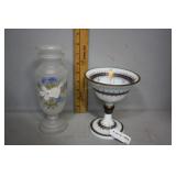 Frosted enamel 8" vase & enamel decorated milkglas