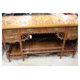 Ornate entry table with custom wood inlaid top,