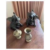 Cast elephant figures, brass vase & mini cinnabar