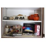 Alarm clock, IRMA fish sign, tea lights & bottom o