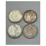 Four Morgan Silver Dollars: 1800, 1881, 1890, & 18