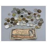 1954 Canadian $2 bill, 85 foreign coins/tokens, bi