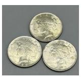 Three 1923 Us Peace Silver Dollars