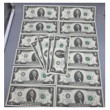 16 US $2 Federal Reserve Notes on/off consecutive