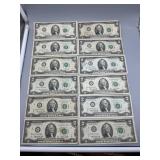 (12) 1976 US $2 Miscut Federal Reserve Notes w/ se