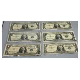 Six US $1 Silver Certificates: (2) 1957, (2) 1957-