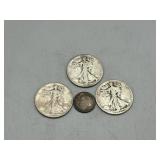 1962 Silver Dime & Three Walking Liberty half doll