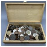 Wooden Box filled with assorted foreign coins incl