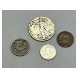 1964 silver dime, 1903 Indian head cent, 1867 Shie