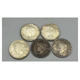 Five US Peace Dollars: (2) 1922, 1922-D, (2) 1924