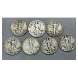 Seven US Walking Liberty Half Dollars: 1917, 1936,