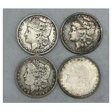 Four US Morgan Silver Dollars: 1878, 1878-S, 1879,
