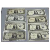 Eight US $1 Silver Certificates: (3)1957, 1957-A,