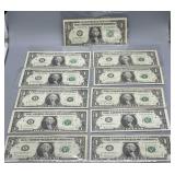 Eleven US $1 Star Notes w/ low serial #s