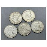 Five US Benjamin Franklin Half Dollars: 1960, 1961