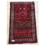 Hand knotted throw rug 43' x 26' in red tones