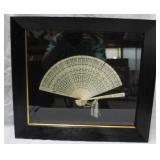 Bone carved fan in shadow box 15.5' x 17.5'