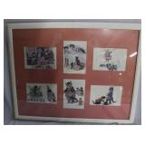 Six card children's cat story postcards framed 17'