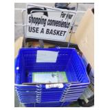 8 blue plastic shopping baskets & basket stand
