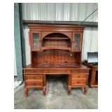 Two pc wood office set: desk w/ lighted upper stor