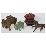4 CAST IRON STILL BANKS, 2 ELEPHANTS, 3" & 5" H,