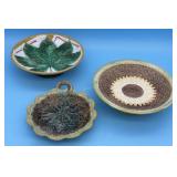 THREE MAJOLICA PLATES - 9" LEAF, 9.5" SUNFLOWER