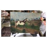Vintage 9x12 oil on board horse tethered to