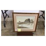 Framed, matted, print, Old Grist Mill scene,