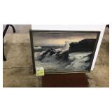 Framed, oil on canvas, waves breaking on rocks,