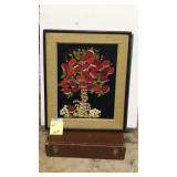 Framed, cloth border, hand stitched apple tree w/