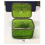 Vintage cut green glass treasure box w/ silver