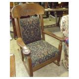 Antique Oak Rocker W/Carved Back & Printed