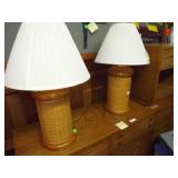 2 Wood & Wicker Table Lamps 32"H