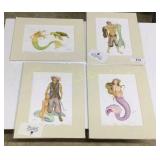 Matted watercolor, 4- 11" x14", 2- sea maidens,