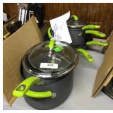 Rachel Ray 10 pc pots, pans, 1 skillet has dent