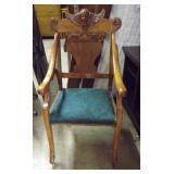 Hand Carved Wooden Chair W/Green Cushion