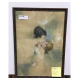 Nice old framed print, Lady kissing Cherub,