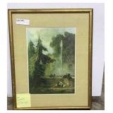 Framed,matted European garden print, 171/2x22