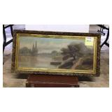 Earlyoil on canvas, ornate gold frame, rural river