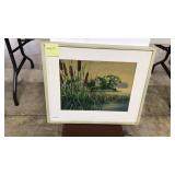 Framed, matted, watercolor, Cattails in pond in