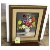 Framed, matted, oil on canvas, colorful flowers