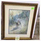 Gold framed scene of horse drawn buggy couple