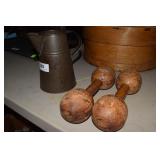 Tin knockers pitcher & 2 wooden dumbbells