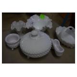 6 Milk glass pieces to include Fenton hobnail.