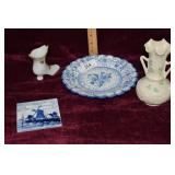 Beleek green mark 7" vase, blue 8" plate, Delphi
