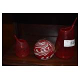 3pcs. Blown glass, 1- red& white swirl
