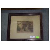 Old print of mother & child by the hearth, titled