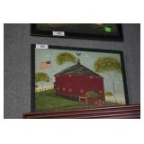 Early American farm scene w/ round red barn,