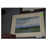Western mountain scene w/ 2 farm wagons, print,