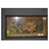 Old watercolor of bees pollinating flowers,